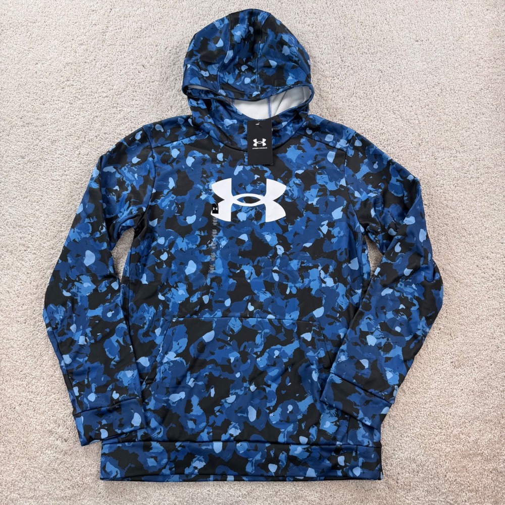 Under Armour Boys Blue Camo Armour Fleece Big Logo Hoodie Size YXL New